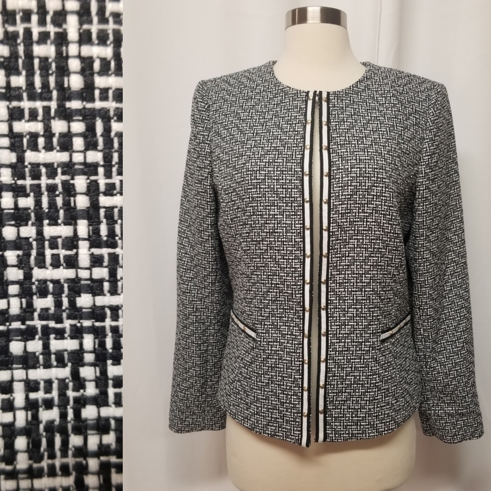 Tahari ASL Black‎ White Chunky Tweed Boucle Blazer Coat Suit Jacket Size 8
